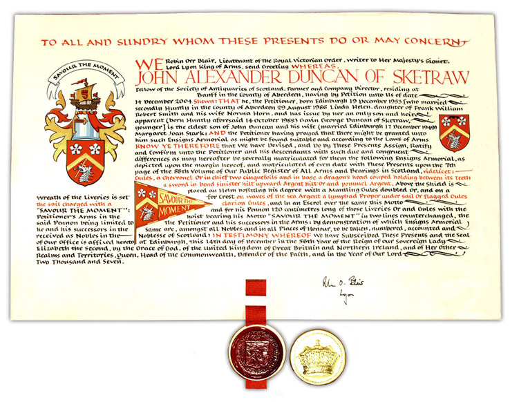 Scottish Grant of a Coat of Arms
                                  to John A. Duncan of Sketraw - Click
                                  for Larger Image