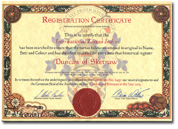 Duncan of Sketraw
                                                  Tartan Registration
                                                  Certificate STA -
                                                  Click Here for Larger
                                                  Image
